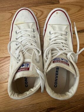 Well Worn Converse White Canvas High Top Sneakers with Red Trim